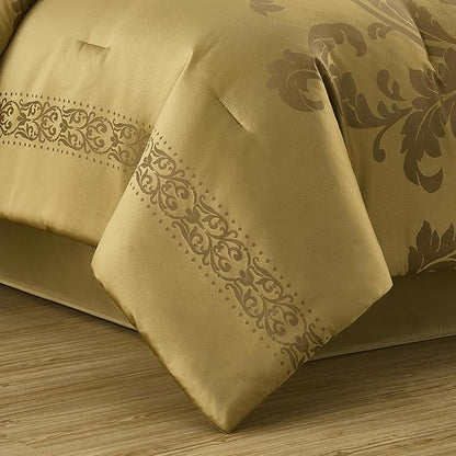 Chezmoi Collection 7-Piece Jacquard Floral Comforter Set (California King, Gold)