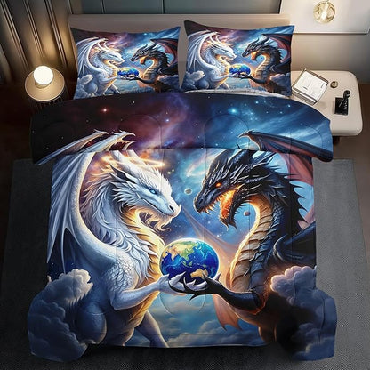 Black White Dragon Comforter Set Full Boys Flame Ancient Mysterious Creatures Fantasy Dragon Bedding Set Boys GirlsWhite and Black Comforter Full Size Animals Quilt Room Decor