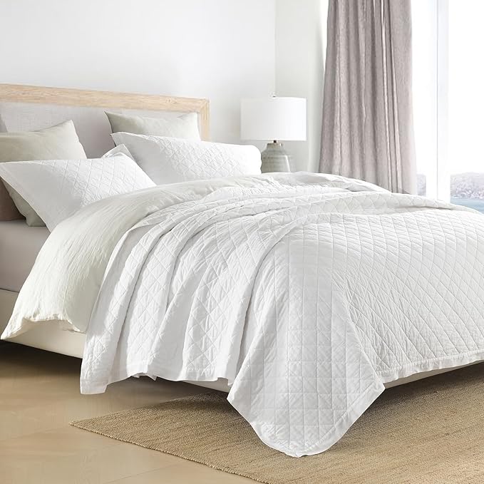 SahSahCasa Quilt Set King Size, 100% Cotton Quilt Bedding Set Bedspread, Diamond Pattern Stitching Solid Color Chic Lightweight Quilted Comforter for King Bed, White, All Season, 3 Pieces