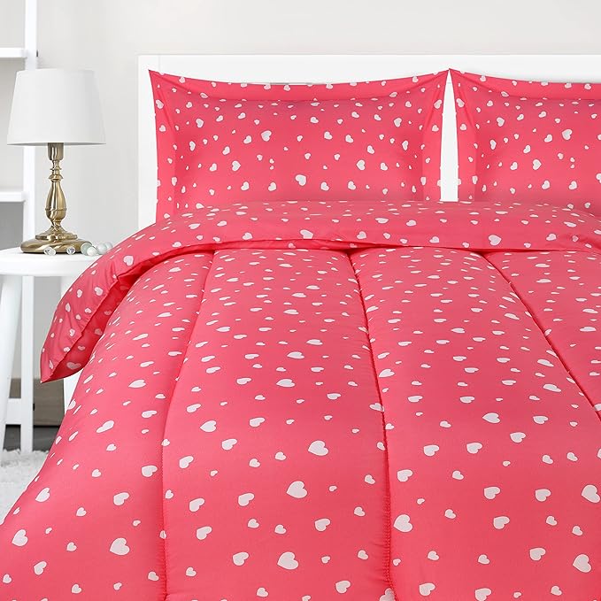 Utopia Bedding Heart Pink Kids Comforter Set with 2 Pillow Shams, 3 Piece Soft Microfiber Twin Bed Comforter with Pillow Shams, Printed Kids Bedding for Boys and Girls, Breathable,Easy Care