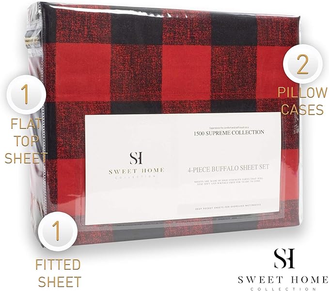 1500 Supreme Collection Buffalo Print Sheet Set, Queen Size - Luxury Bed Sheets Set with Deep Pocket Wrinkle Free Bedding, Queen, Burgundy/Black Buffalo Print