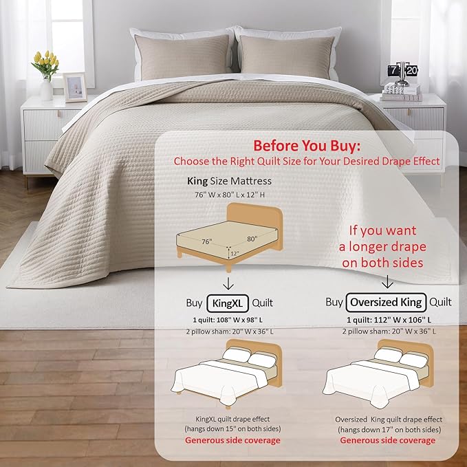 XL King Quilt Set – 108"x98" Soft Washed 3-Layer Lightweight Bedspread with Multi-Lock Quilting, Minimalist Nordic Bedding, All-Season Quilt for Spring & Summer (1 Quilt + 2 Pillow Shams), Oatmeal
