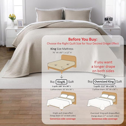 XL King Quilt Set – 108"x98" Soft Washed 3-Layer Lightweight Bedspread with Multi-Lock Quilting, Minimalist Nordic Bedding, All-Season Quilt for Spring & Summer (1 Quilt + 2 Pillow Shams), Oatmeal