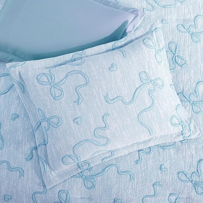Geniospin Light Blue Twin Comforter Set for Girls- 5 Pieces Bowknot Jacquard Bed in A Bag Twin Bedding Sets with Sheets, Pillowcases & Shams, All Season Kids Comforter Set