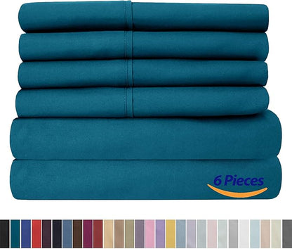 Sweet Home Collection 6 Piece 1500 Supreme Collection Brushed Microfiber Deep Pocket Sheet Set-2 Extra Pillow Cases, Great Value, Split King, Teal
