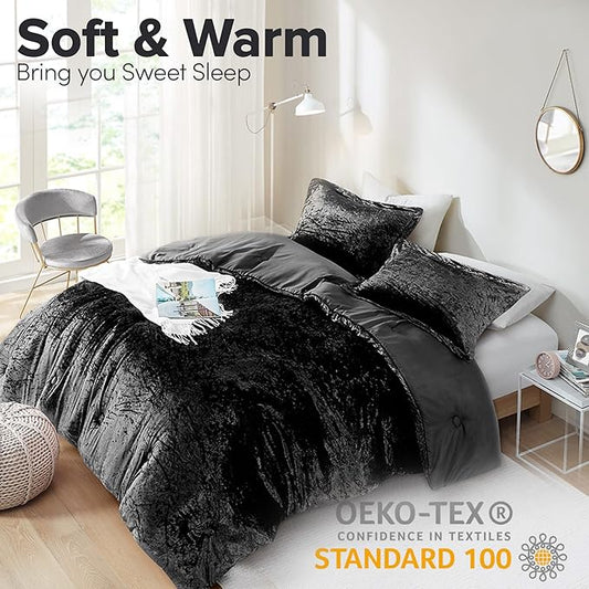 Comfort Spaces Juliette Luxe Comforter Set Velvet Lush with Soft Brushed Microfiber Reverse, All Season Cozy Velvet Bedding Sets, Fluffy Comforter Bed Set, Matching Sham, Black Twin/Twin XL 2 Piece