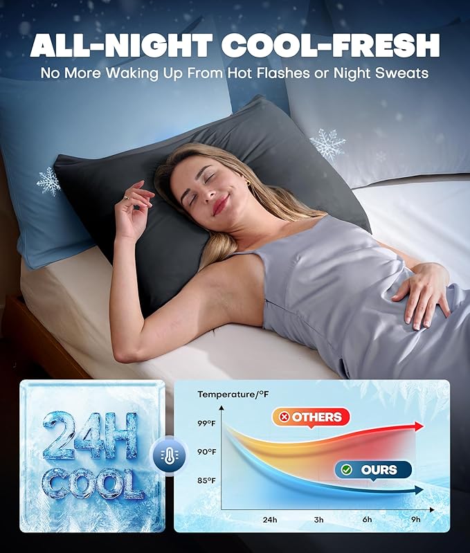 Ultra-Chill Cooling Pillowcase Set of 2 for Hot Sleepers, Softer Than Silk Pillow Cases for Protecting Hair & Skin, Breathable Bed Pillow Covers w/Zipper, Gifts for Women Men(Dark Gray, Queen)