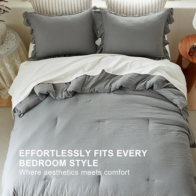 Grey Ruffle Comforter Set King, Pre-Washed Shabby Chic Bedding Set, Lightweight Cottagecore Soft Romantic Cozy 1 Comforter & 2 Shams, All-Season