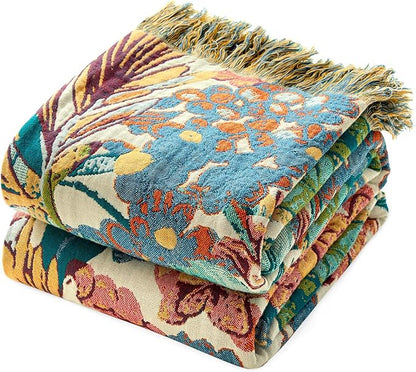 MSGKV Boho Throw Blanket for Couch 50"x60" 100% Cotton Vine Embroidery Blanket Bed Chair Sofa Blankets Muslin Spring Breathable All Seasons Lightweight Farmhouse Blankets Home Decor