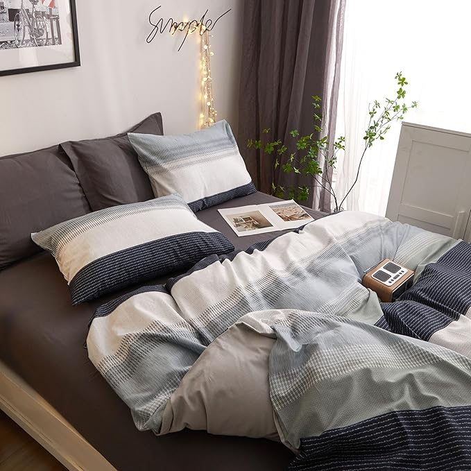 VM VOUGEMARKET Striped Comforter Set Queen Blue Gray Stripes Comforter with 2 Pillowcases Simple Modern Bedding Set Bed in a Bag All Season Queen Comforter Set for Teens Adults
