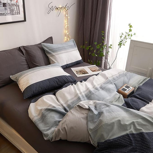 VM VOUGEMARKET Modern Comforter Set Twin Gray Blue Stripes Bedding Comforter with 2 Pillowcases Modern Style Lightweight Soft Twin Comforter Set for Boys