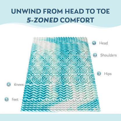 2 Inch 5-Zone Full Memory Foam Mattress Topper, Gel Infused Foam Mattress Topper for Pressure Relief, CertiPUR-US Certified Full Bed Topper,Blue, 54"×75"