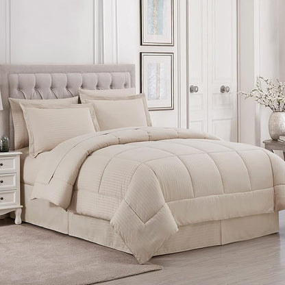 Twin Comforter Set 6 Piece Bed in a Bag with Bed Skirt, Fitted Sheet, Flat Sheet, 1 Pillowcase, and 1 Pillow Sham, Twin, Dobby Beige