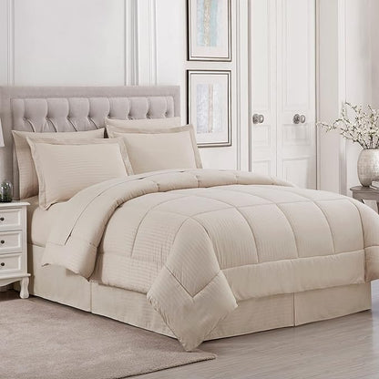 Sweet Home Collection 8 Piece Comforter Set Bag with Dobby Stripe Design, Bed Fitted, 1 Flat Sheet, 2 Pillowcases, 2 Shams, King Beige (Pack of 3)