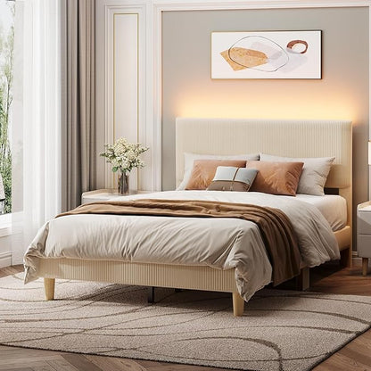 Bestier Full Bed Frame with Adjustable Headboard,LED Light,Beige | LED Lighting Headboard,Easy Assembly,No Squeaks,Vertical Channel Corduroy Upholstered,Wood Slats Support,No Box Spring Needed