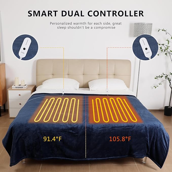 ESTINGO Heated Blanket Electric King Size, Soft Heated Electric Blanket, Washable Plush Heated Blanket with Dual Control 5 Heating Levels & 10 Hours Auto Off, 100" x 90", Navy Blue