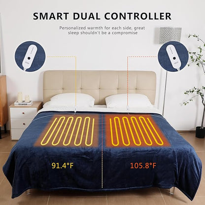 ESTINGO Heated Blanket Queen Size, Soft Queen Heated Electric Blanket, Machine Washable Plush Heated Blanket with Dual Control 5 Heating Levels & 10 Hours Auto Off, 84" x 90", Navy Blue