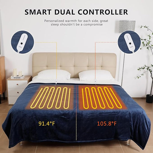 ESTINGO Heated Blanket Queen Size, Soft Queen Heated Electric Blanket, Machine Washable Plush Heated Blanket with Dual Control 5 Heating Levels & 10 Hours Auto Off, 84" x 90", Navy Blue