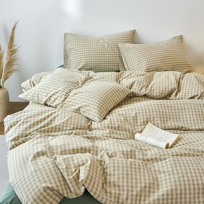 EAVD Vintage Style Green Plaid Duvet Cover Queen Soft 100% Washed Cotton Chic Checkered Gingham Bedding Set with 2 Pillowcases Farmhouse Green Gingham Duvet Cover with Zipper Closure