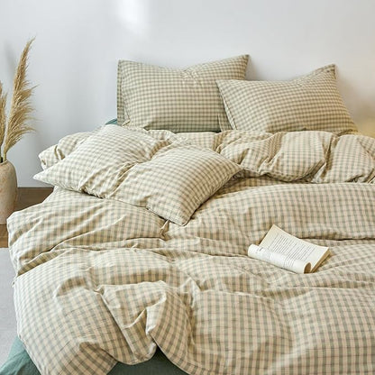 EAVD Vintage Style Green Plaid Duvet Cover Queen Soft 100% Washed Cotton Chic Checkered Gingham Bedding Set with 2 Pillowcases Farmhouse Green Gingham Duvet Cover with Zipper Closure