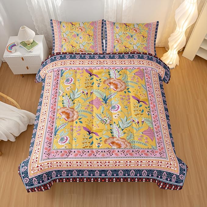 Retro Plants Comforter Sets Queen Size,Flower Pattern Bedding Set for Your Room,Rectangle Abstract Soft Lightweight Quilted Set All Season 1 Comforter and 2 Pillowcases