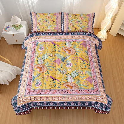 Retro Plants Comforter Sets Queen Size,Flower Pattern Bedding Set for Your Room,Rectangle Abstract Soft Lightweight Quilted Set All Season 1 Comforter and 2 Pillowcases