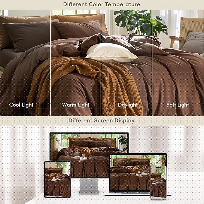 MooMee Bedding Duvet Cover Set 100% Washed Cotton Linen Like Textured Breathable Durable Soft Comfy (Solid Cocoa Brown, Super King 108"x98")