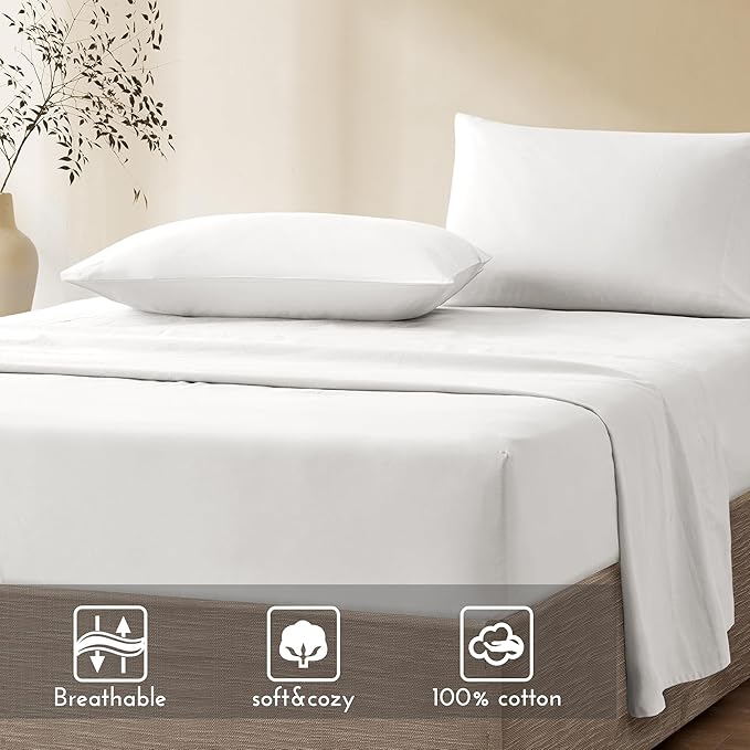 Comfort Spaces 100% Cotton Sheet Set Breathable, Lightweight, Soft with 14" Elastic Pocket Fits up to 16" Mattress, All Season Cozy Bedding, Matching Pillow Case, Full White 4 Piece