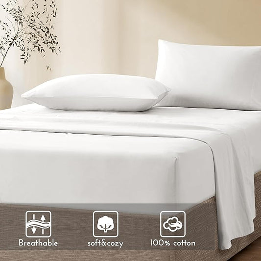 Comfort Spaces 100% Cotton Sheet Set Breathable, Lightweight, Soft with 14" Elastic Pocket Fits up to 16" Mattress, All Season Cozy Bedding, Matching Pillow Case, Cal King White 4 Piece