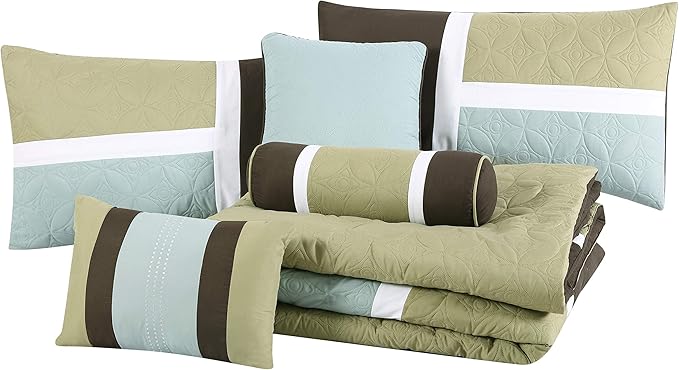 Chezmoi Collection Upland 7-Piece Quilted Patchwork Comforter Set, Coffee Brown/Aqua Blue/Sage Green, Oversized King