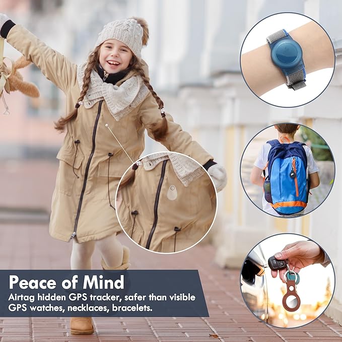 Airtag Holder for Kids Hidden 2 Pack, Air Tag Holder with Magnetic Lock Pin Anti-Removal Tool Required, GPS Tracker Case for Children Elderly Pets Backpack Clothing (Black, White)