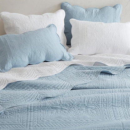 Madison Park King Quilt Set Damask Coverlet Set for King Size Bed, Cottage Oversized Quilt Set, Scallop Edge, All Season, Pre-washed Cotton-Filled King Size Quilt, Tuscany, King/Cal King White 3 Piece