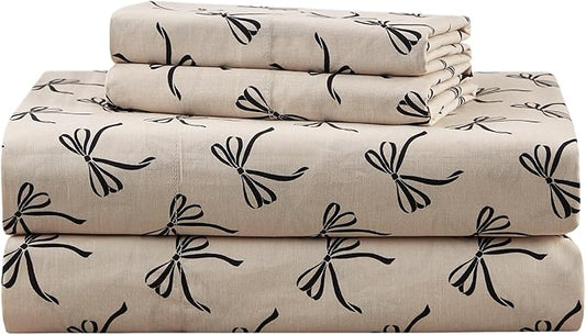 Comfort Spaces 100% Cotton Sheets King, Breathable, Naturally Cool Cotton Sheets, Soft Cotton Bed Sheets with 14" Elastic Pocket Fits up to 16" Mattress, All Seasons Sheet Set, Bow Black/Taupe 4 Piece