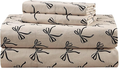 Comfort Spaces 100% Cotton Sheets Twin, Breathable, Naturally Cool Cotton Sheets, Soft Cotton Bed Sheets with 12" Elastic Pocket Fits up to 14" Mattress, All Seasons Sheet Set, Bow Black/Taupe 3 Piece