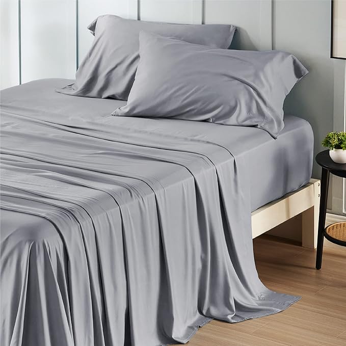 Bedsure Queen Sheet Set, Rayon Derived from Bamboo, Cooling Sheets, Deep Pocket Up to 16", PureWoven, Breathable & Soft, Hotel Luxury Silky Bedding for Hot Sleepers, Silver Grey