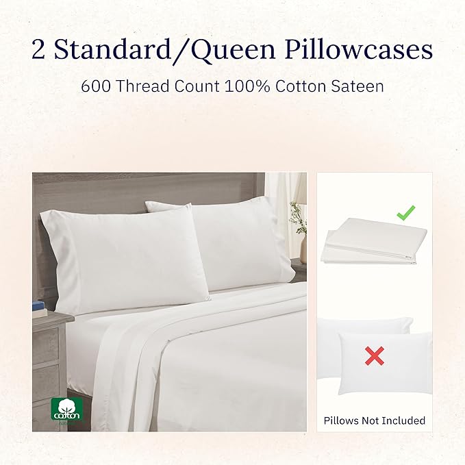 California Design Den Luxuriously Soft 100% Cotton Pillowcases Queen Size Set of 2-600 Thread Count Sateen, Fits Standard & Queen Pillows - True Ivory