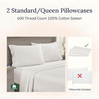 California Design Den Luxuriously Soft 100% Cotton Pillowcases Queen Size Set of 2-600 Thread Count Sateen, Fits Standard & Queen Pillows - True Ivory