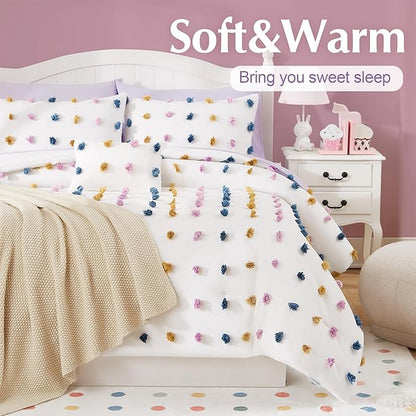 Geniospin Full Comforter Set, 7 Pieces Ball Pom Comforter Sets, Colored Pom Bed in a Bag Full, All Season Down Alternative Bedding Set, Lightweight, Warm and Breathable