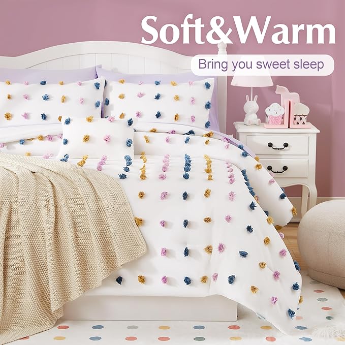 Geniospin Colored Pom Queen Comforter Set, 8 Pieces Ball Pom Comforter Sets, Bed in a Bag Queen, All Season Down Alternative Bedding Set, Lightweight, Warm and Breathable