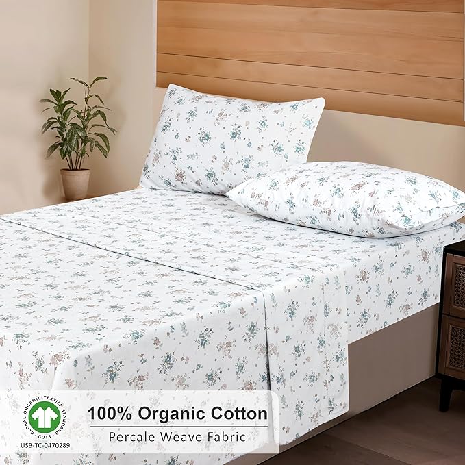 RUVANTI 100% Organic Cotton Sheets Split King, Percale Weave, GOTS Certified, 5-Piece Set, Deep Pocket 15", Crisp & Breathable, Soft Durable Bedding, Sábanas Algodón Orgánico – Halcyon
