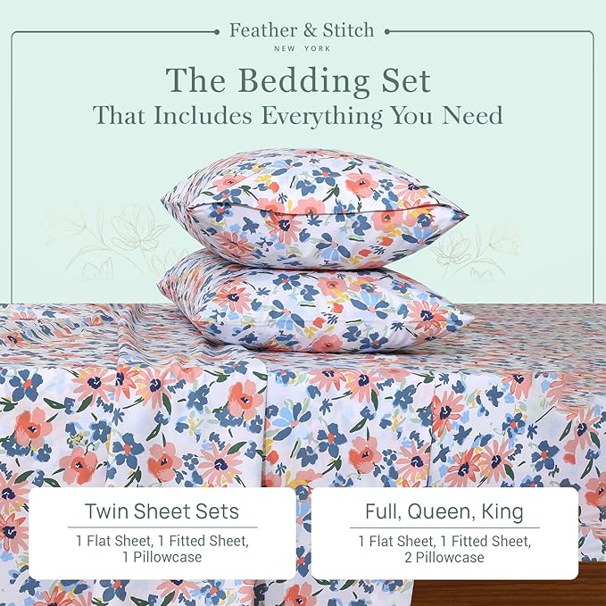 Feather & Stitch Softest 100% Cotton Sheets, 300 Thread Count Percale Weave Bedding, 16" Deep Pocket, Cooling Sheets, Breathable Bed Set, Hotel Premium Quality (Queen, Daisy Delight)