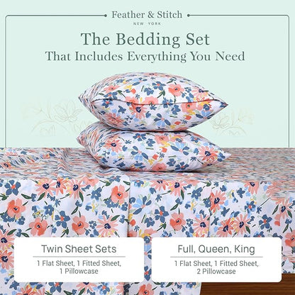 Feather & Stitch Softest 100% Cotton Sheets, 300 Thread Count Percale Weave Bedding, 16" Deep Pocket, Cooling Sheets, Breathable Bed Set, Hotel Premium Quality (Queen, Daisy Delight)