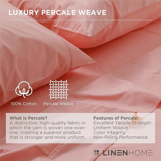 Linen Home 100% Cotton Percale Pillowcases King Size, English Rose, 2 Pieces of Pillow Case, Crisp and Cool Strong Bed Linen, 20 inches X 40 inches