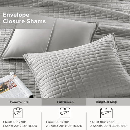 Comfort Spaces Kienna Quilt Set- Double Sided Stitching Design Summer Blanket, Lightweight, Soft, All Season Bedding Layer, Matching Sham, Grey, Coverlet Full/Queen(90"x90") 3 Piece