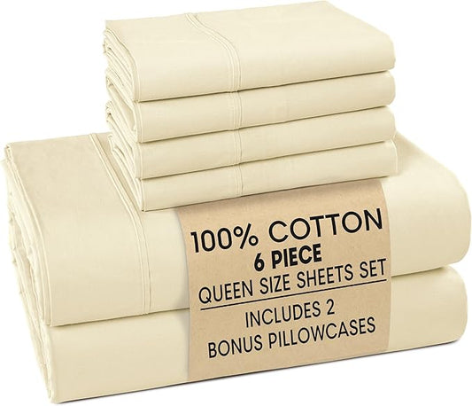 Casa Platino Queen Bed Sheets – Breathable 6 Piece Percale Cooling Queen Sheets with Crisp Feel, with 15 Inch Deep Pocket Fitted Sheet, Ultra Soft & Cozy Feel, Fit – Ivory