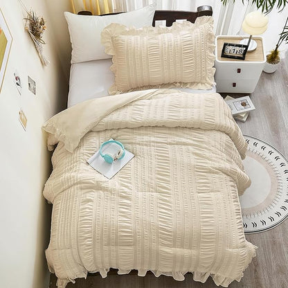 WONGS BEDDING Beige Comforter Set Full, 3 Pieces Ruffle Shabby Chic Comforter for Dorm Room Essentials for Full Bed, Soft Seersucker Bedding Set with 1 Comforter, 2 Tufted Pillowcases 90"×78"