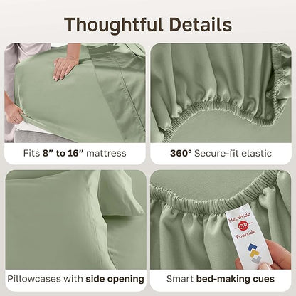 California Design Den Hotel Quality Deep Pocket Queen Sheets Set - Luxury 600 Thread Count Sateen, Natural 100% Cotton Queen Size Sheets Set, Fully Elasticized, Crisp, Cool and Durable - Laurel Green