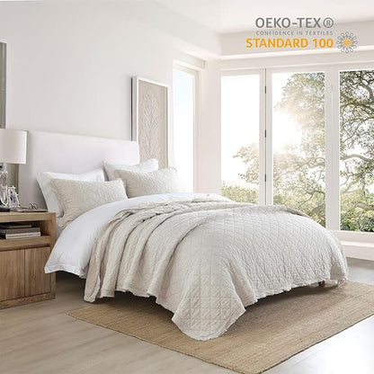 HORIMOTE HOME 100% Linen Front/100% Cotton Back Quilt Set Twin Size, Beige Pre-Washed European Flax Linen Quilt, Diamond Stitch Bedspread Coverlet Bedding Set 2-Piece for All Seasons