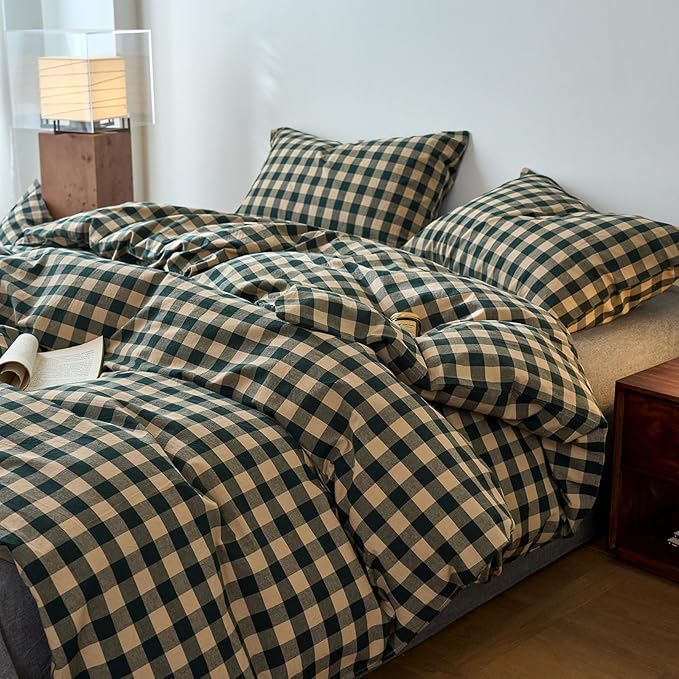 EAVD Vintage Style Beige&Green Plaid Duvet Cover Set Queen 100% Washed Cotton Like Linen Feel Soft Grid Checkered Bedding Set with 2 Pillowcases Farmhouse Geometric Pattern Duvet Cover with Zipper