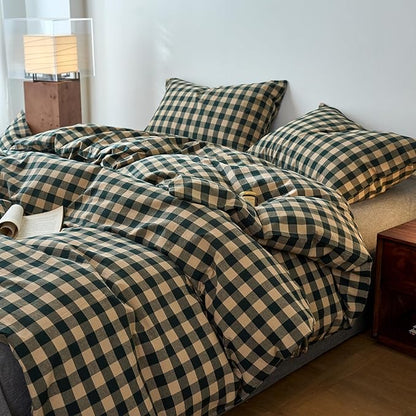 EAVD Vintage Style Beige&Green Plaid Duvet Cover Set Queen 100% Washed Cotton Like Linen Feel Soft Grid Checkered Bedding Set with 2 Pillowcases Farmhouse Geometric Pattern Duvet Cover with Zipper